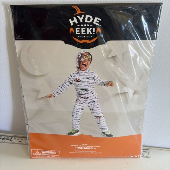 Mummy Halloween Costume 12/14 White Hooded Jumpsuit Unisex Blacklight Responsive - Picture 4 of 5